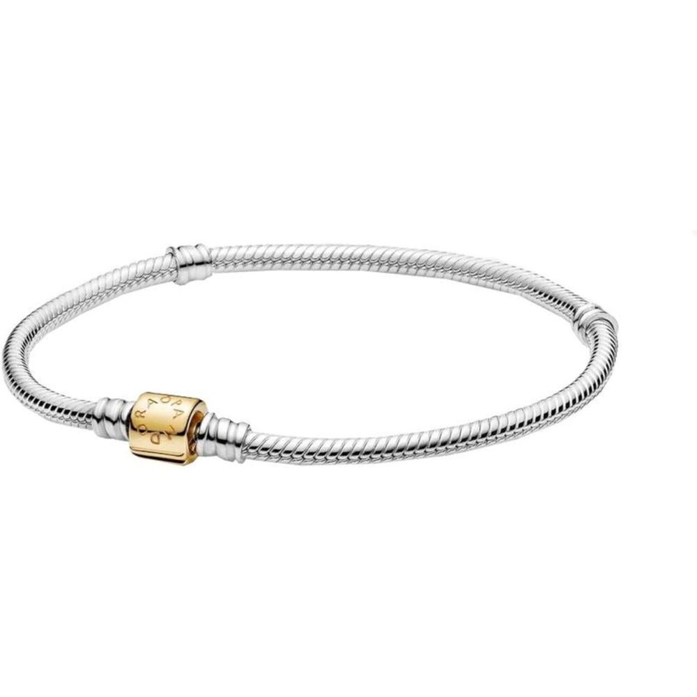Pandora Moments 14k Gold Two-tone Barrel Clasp Snake Chain Bracelet